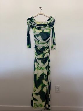 AFRM blue Green & White Floral Off-Shoulder mesh Maxi Dress small